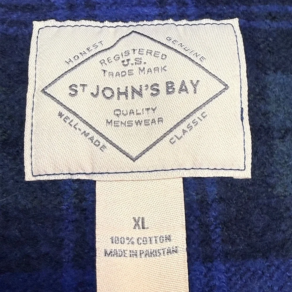 Vintage St Johns Bay Quarter Zip Men XL Blue Green Tartan Plaid Flannel Pullover